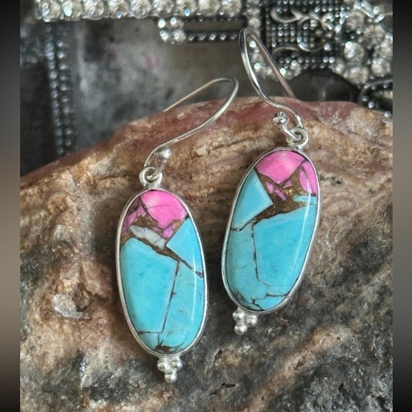Sold ❤️ Turquoise Cotton Candy Dahlia Southwestern Sterling Silver Earrings - Picture 5 of 5
